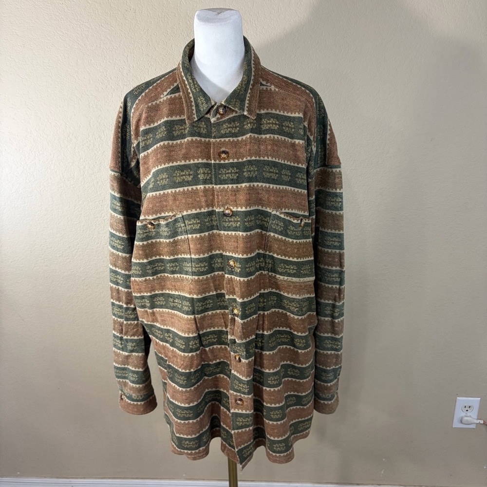 VTG Orvis Long Sleeve Aztec Tribal Striped Shirt Mens Sz L Heavyweight Grunge